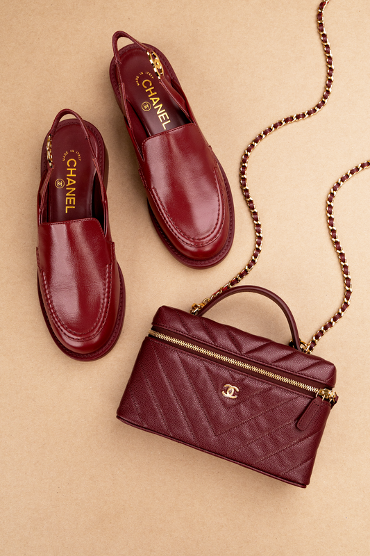 Chanel Vanity Case with Chain & Leather Slingbacks in Burgundy