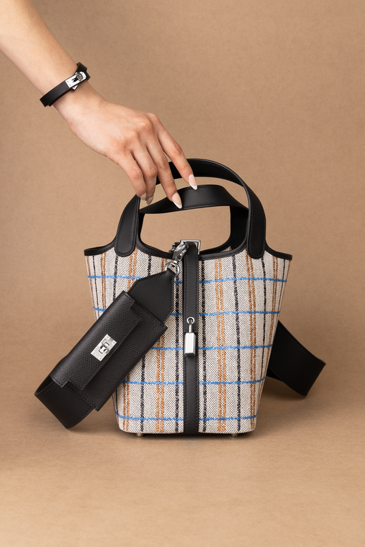 Hermès Picotin 18 Limited Edition Ecru/Noir/Fauve/Bleu Zanzibar with Black Kelly Pocket Bag Strap & Kelly Double Tour Black Bracelet