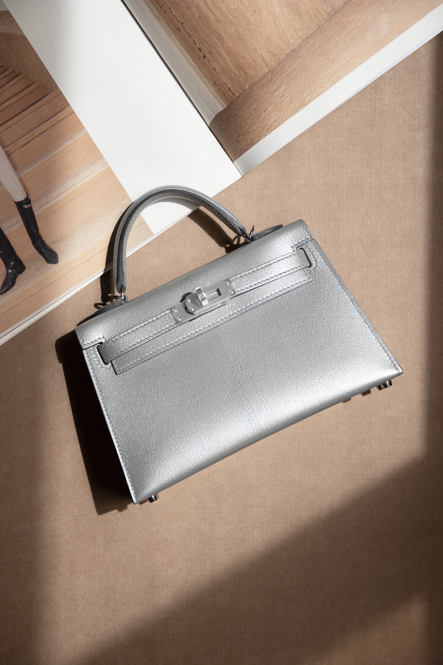 Hermès Mini Kelly 20 Chevre Chamkilight in Argent PHW