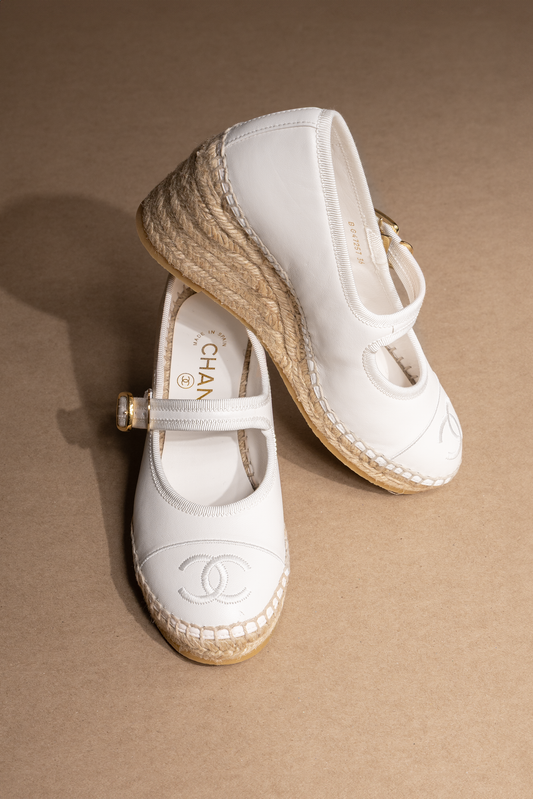 Chanel White Espadrille Wedges