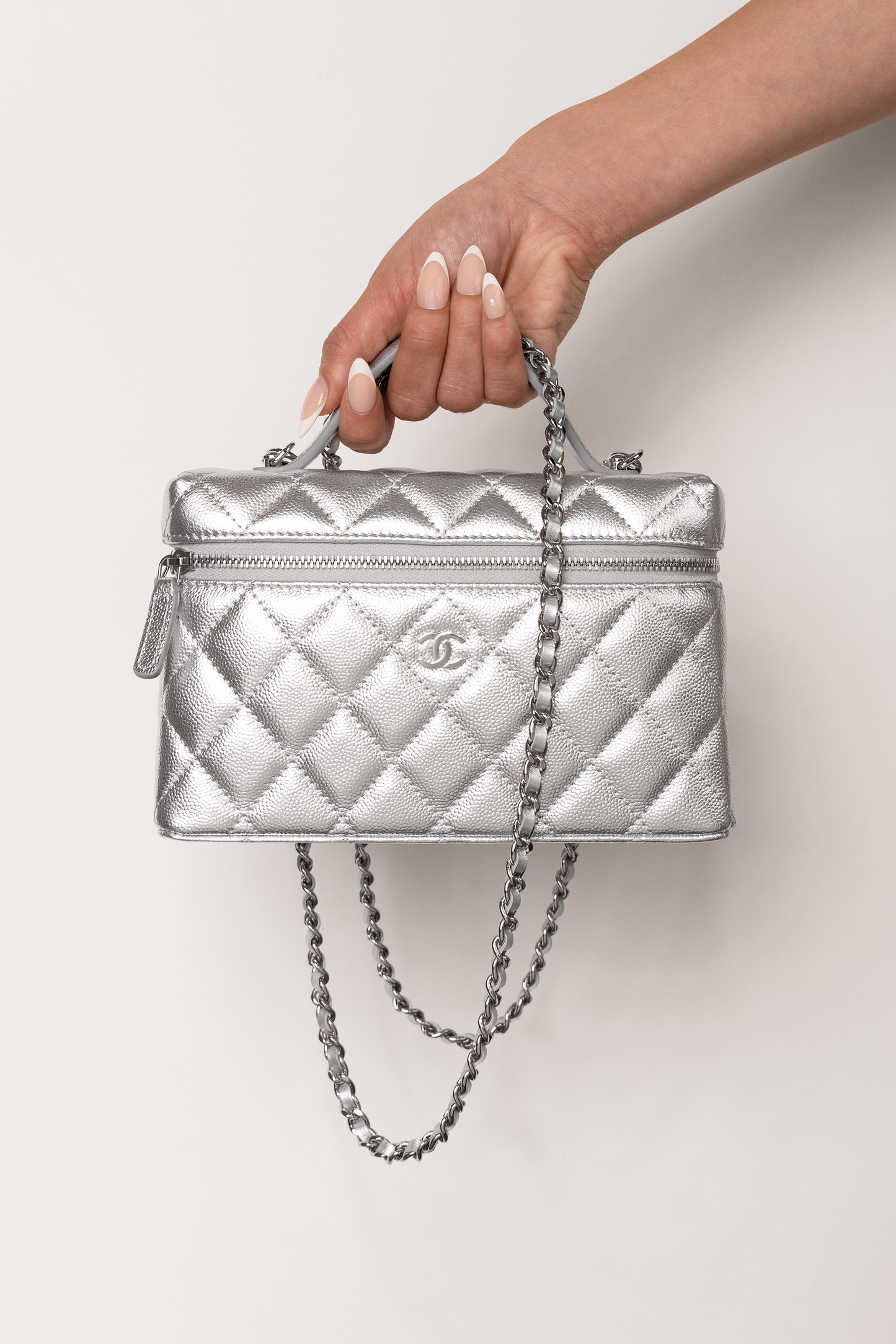 Chanel Vanity Case with Chain in Silver Metallic
