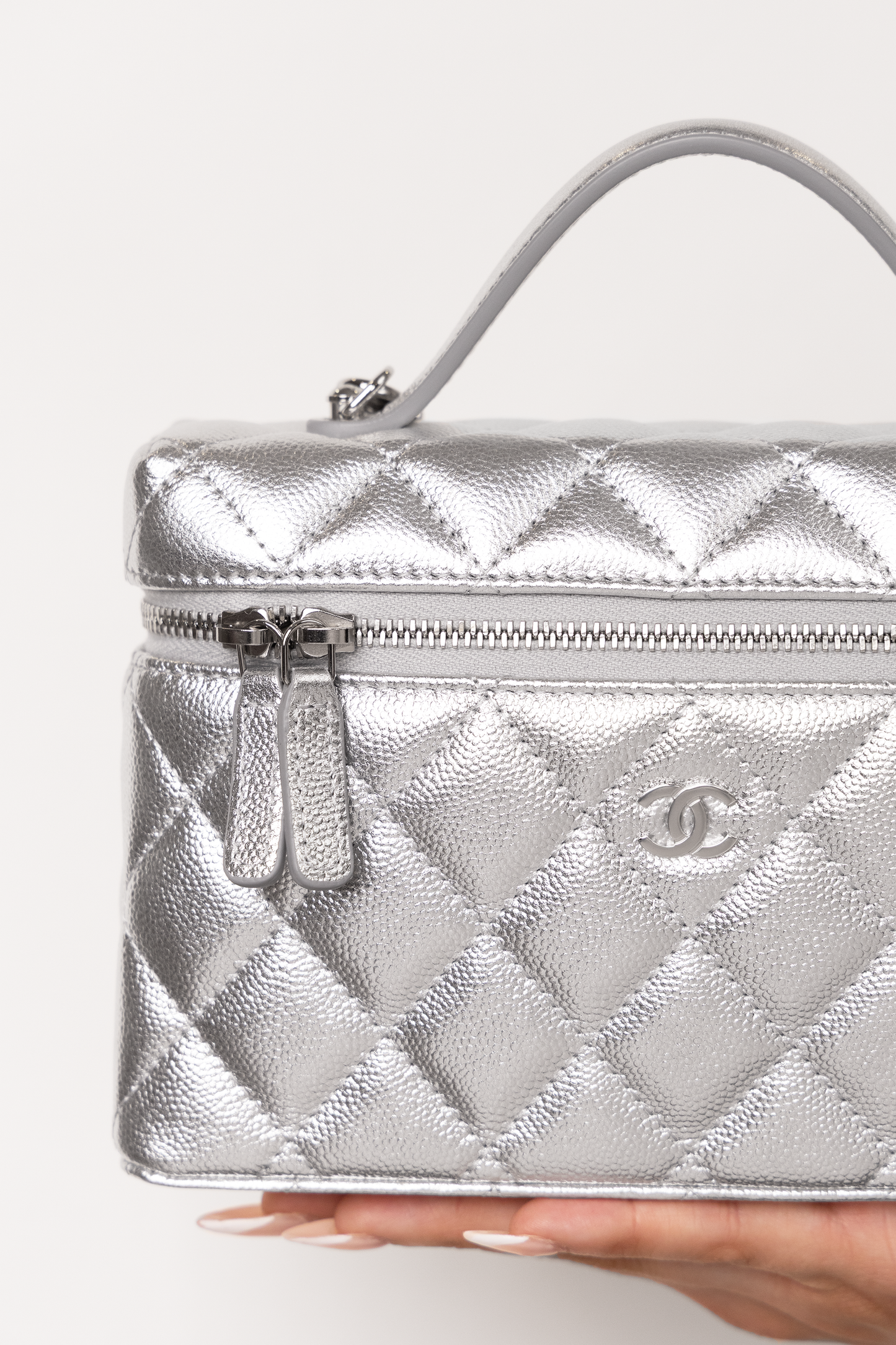 Chanel Vanity Case with Chain in Silver Metallic