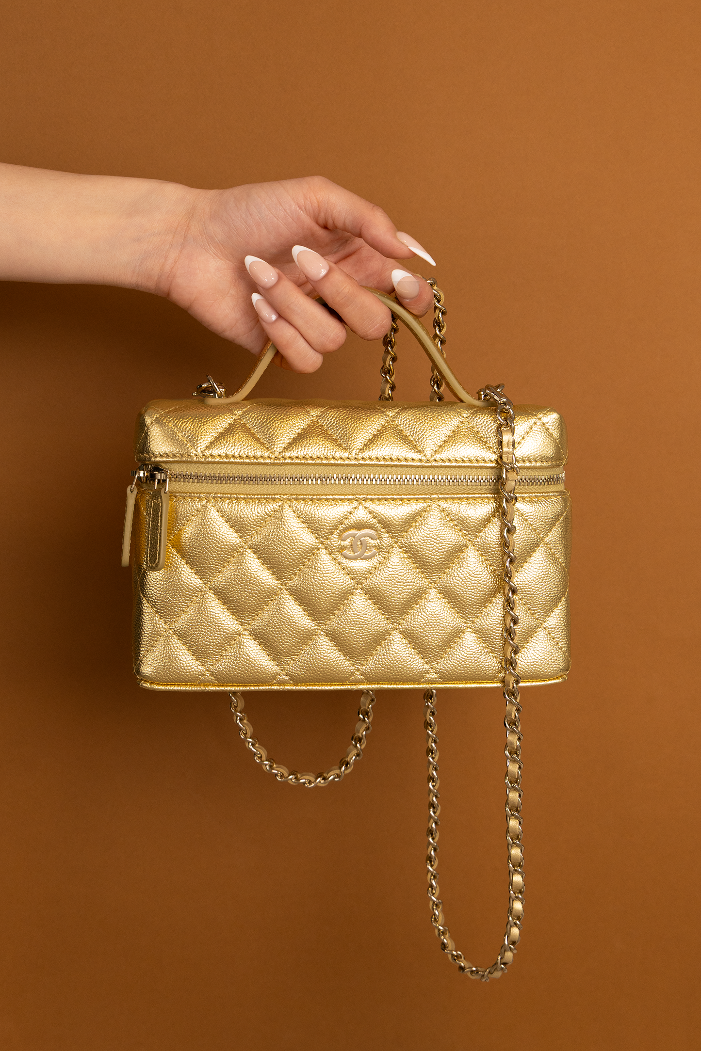 Chanel Vanity Case with Chain in Gold Metallic