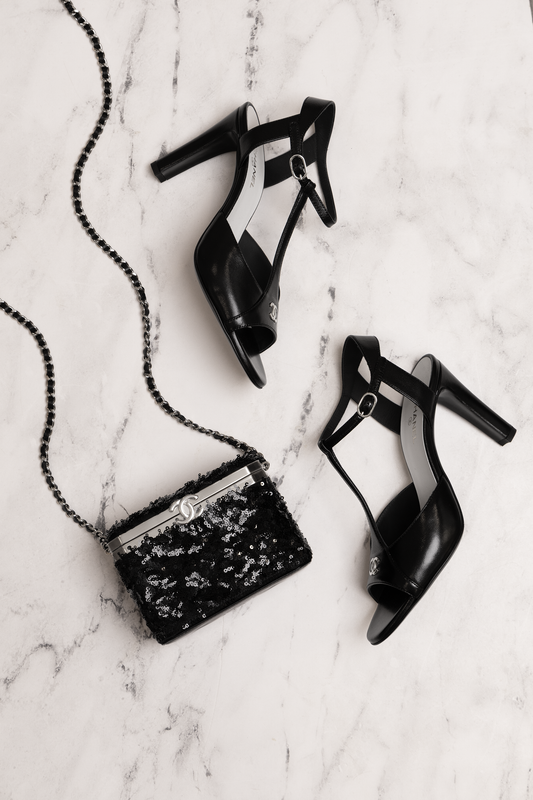 Chanel Black Sequins & Gold-Tone Metal Vanity with Chain & Black Leather Sandals
