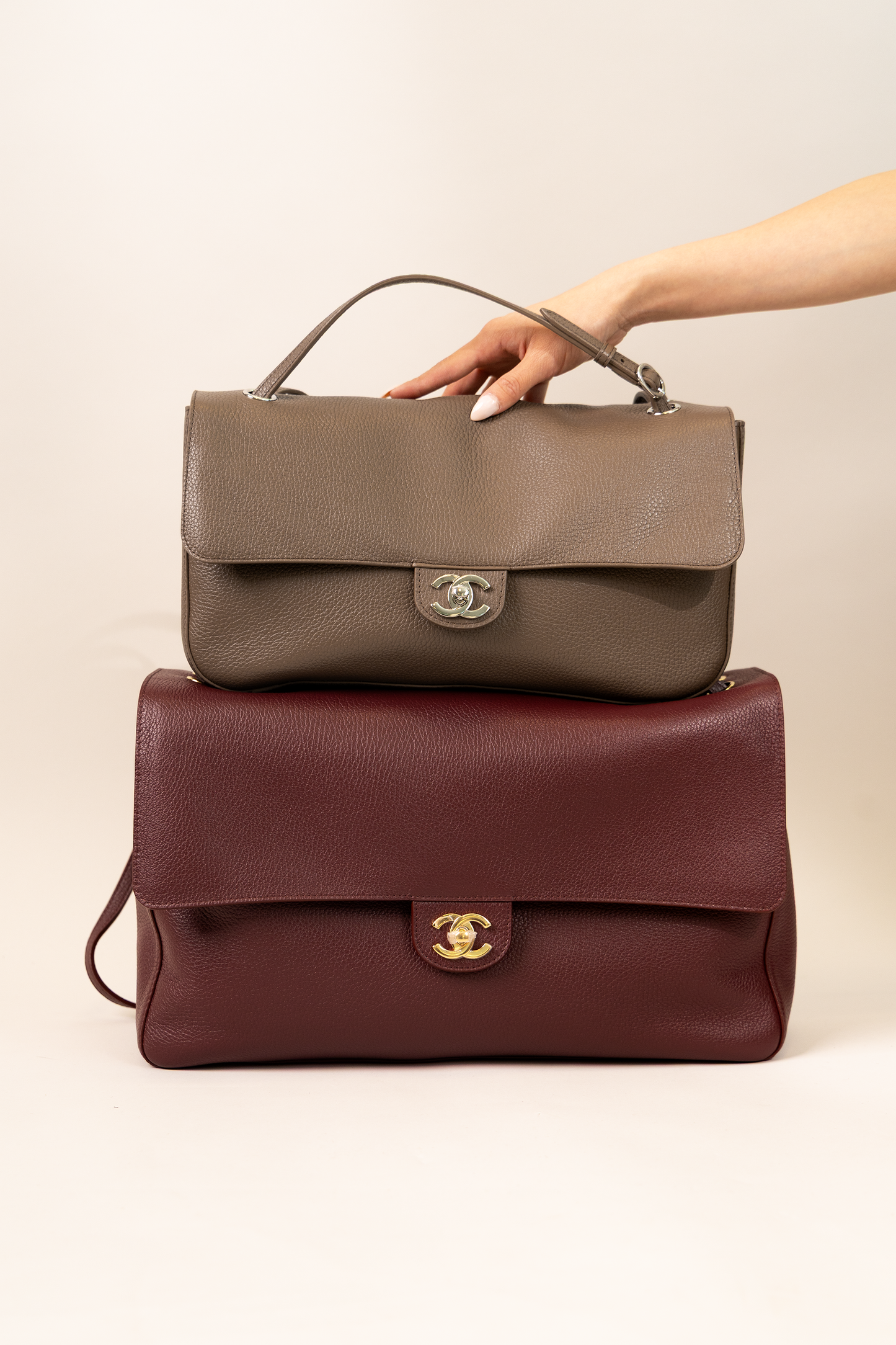 Chanel Maxi Flap Bags in Light Brown & Burgundy