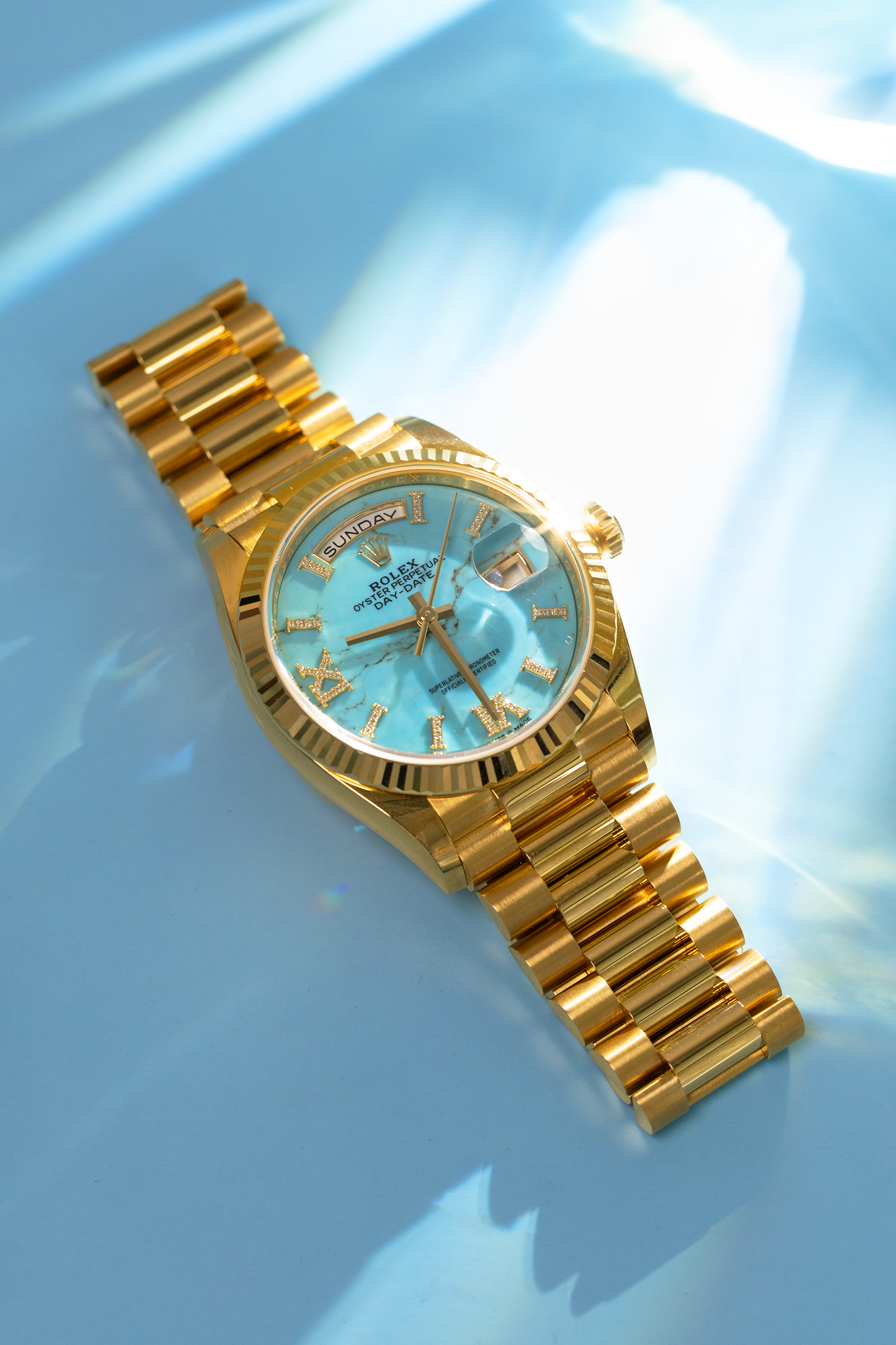 Rolex Day Date 36mm Watch in Yellow Gold with Turquoise Dial
