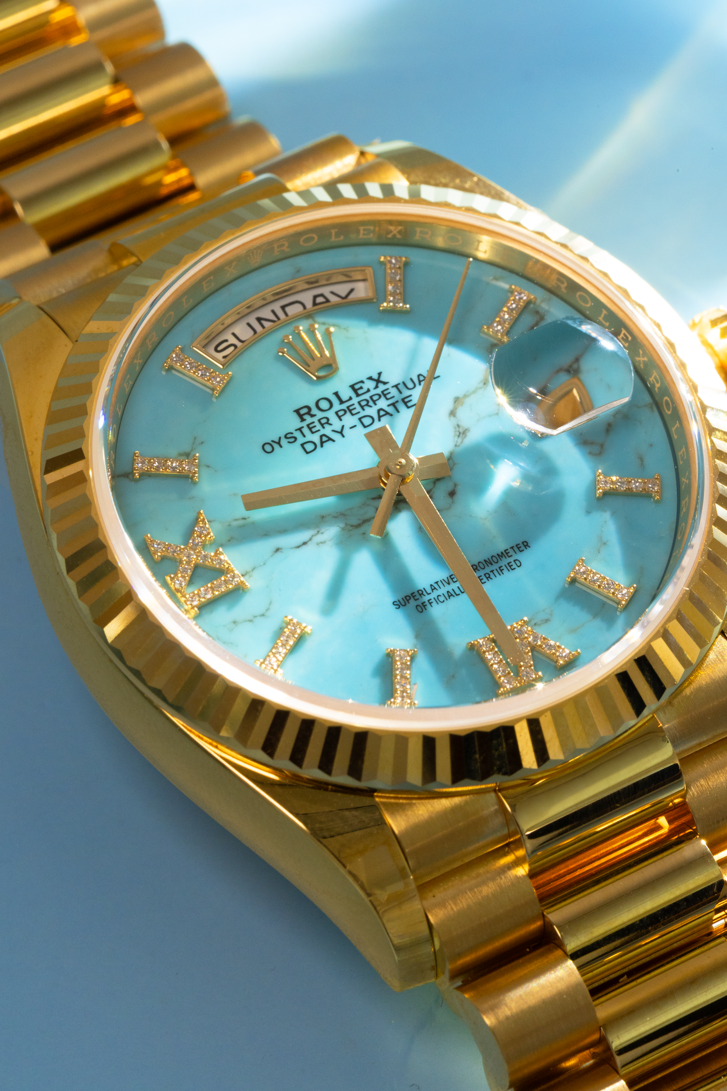 Rolex Day Date 36mm Watch in Yellow Gold with Turquoise Dial