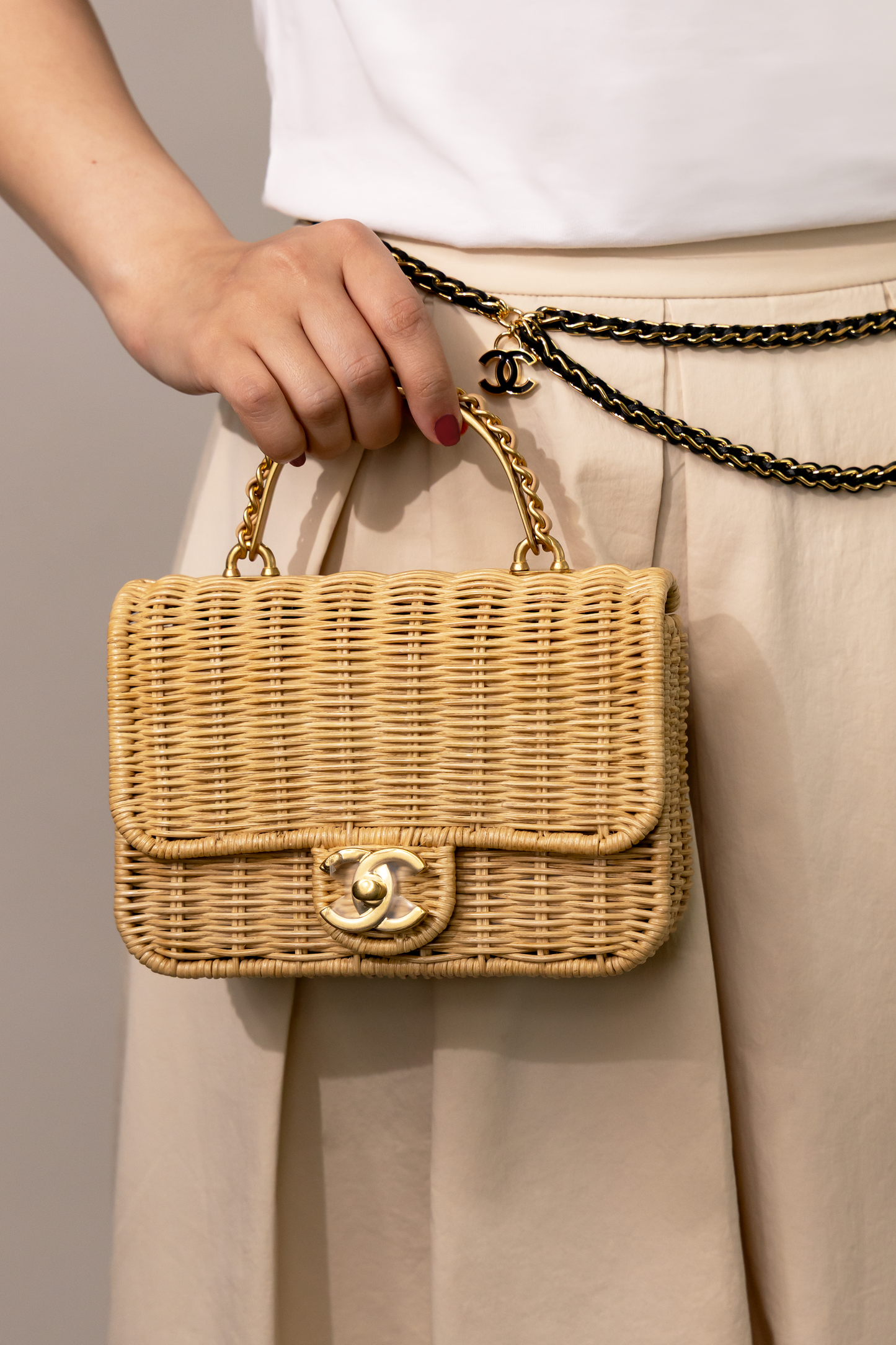 Chanel Braided Rattan Mini CC Top Handle Flap Bag with Black Chain Belt