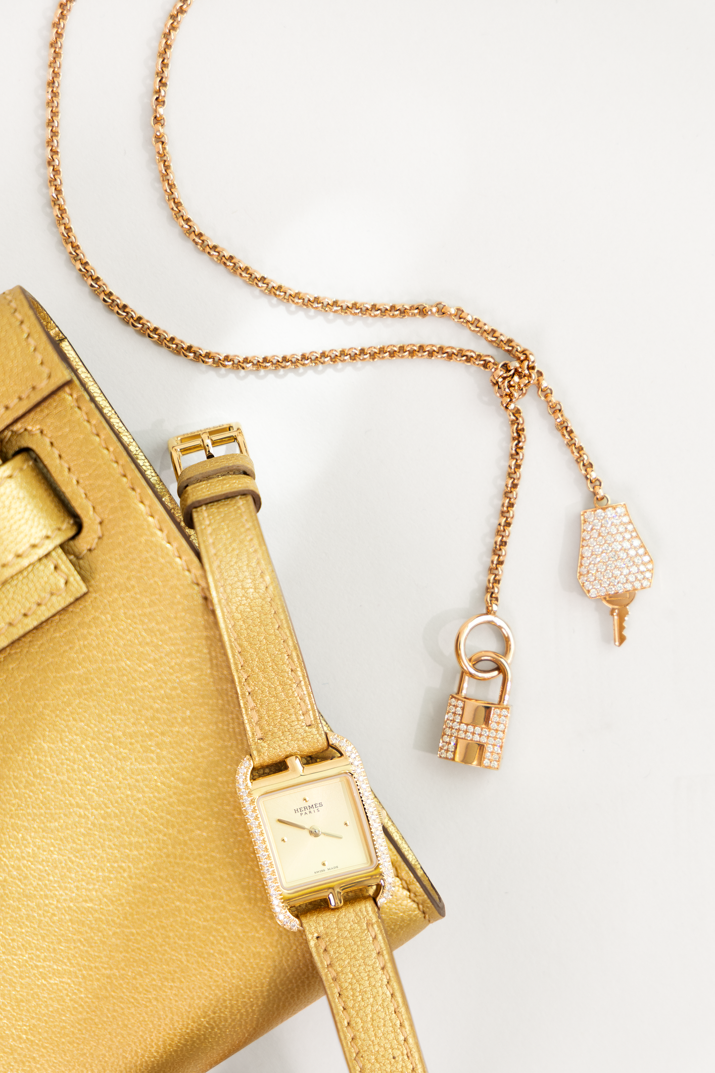 Hermès Mini Gold Cape Cod Watch with Diamonds & Kelly Clochette Rose Gold Diamond Necklace