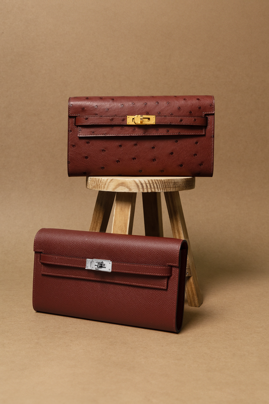 Hermès Kelly Wallet To Go Ostrich & Epsom in Rouge H GHW & PHW