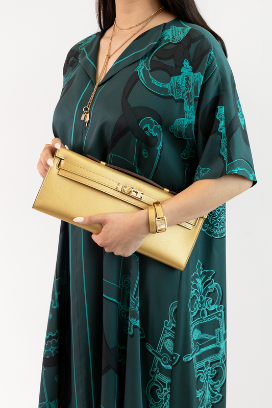 Hermès Kelly Cut Clutch in Chamkilight Dore & Kelly Clochette Rose Gold Diamond Necklace