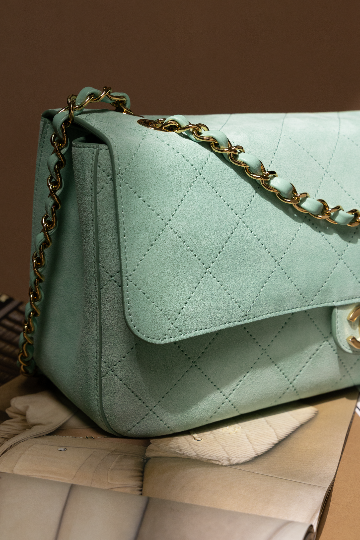 Chanel Maxi "Souplissimo" Suede Flap Bag in Vert Tiffany