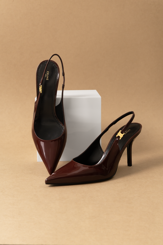 Celine Judy Triomphe Pumps in Burgundy Patent Calfskin
