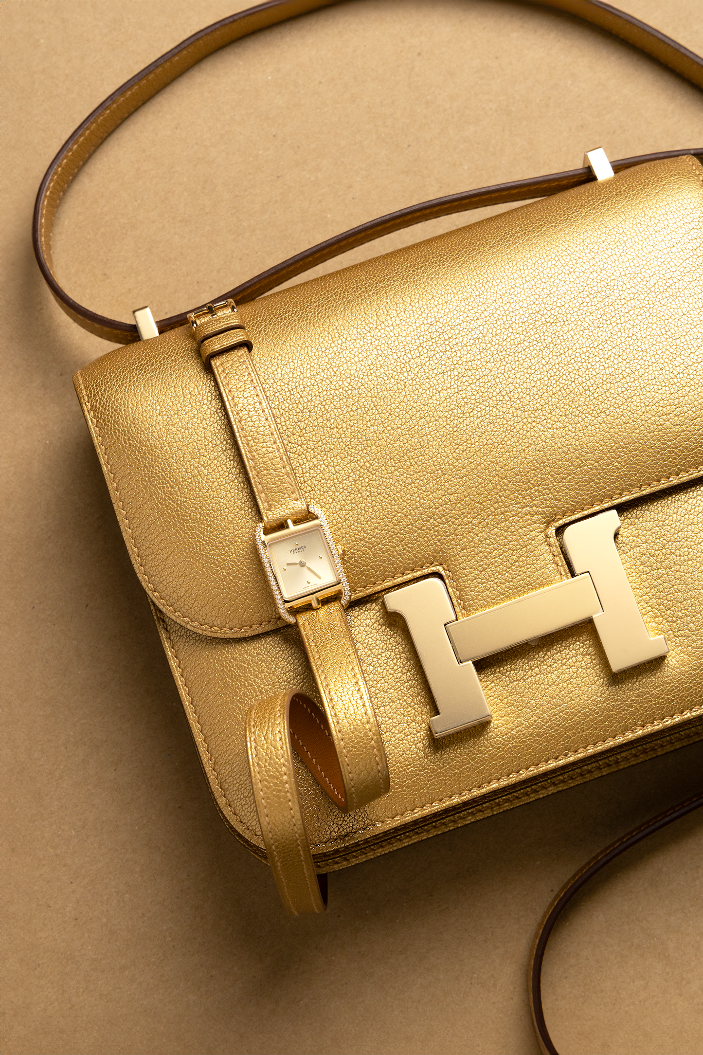 Hermès Constance 18 Chevre Chamkilight Dore GHW & Mini Gold Cape Cod Watch with Diamonds