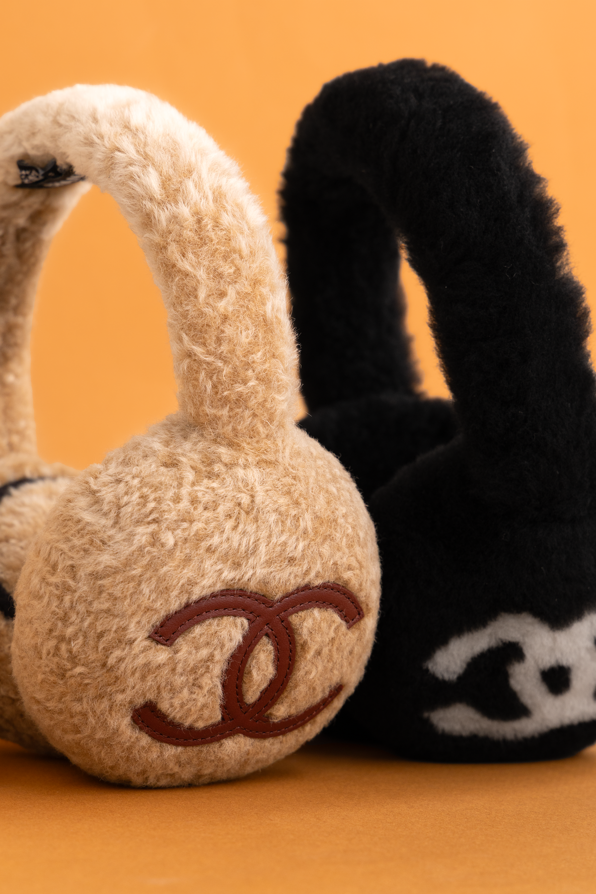 Chanel Shearling CC Earmuffs in Beige & Black