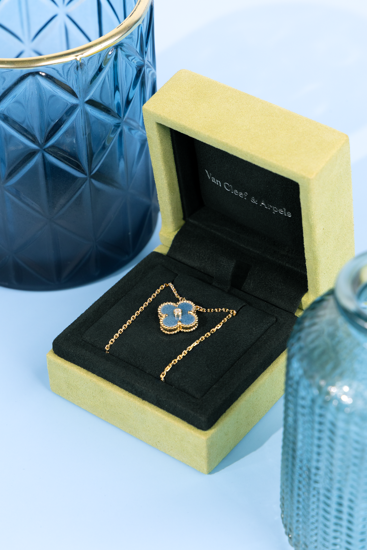 Van Cleef & Arpels Holiday Pendant 2026 in Yellow Gold/Blue Grey Sevres Porcelain