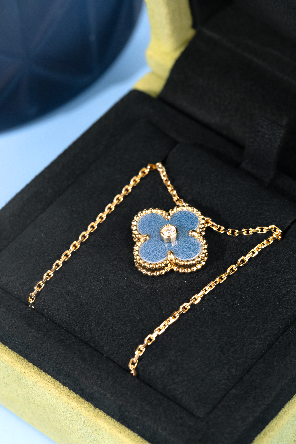 Van Cleef & Arpels Holiday Pendant 2026 in Yellow Gold/Blue Grey Sevres Porcelain