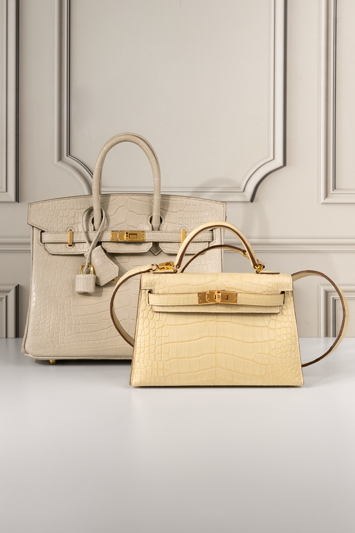 Hermès Birkin 25 in Matte Beton & Mini Kelly in Vanilla Alligator with GHW