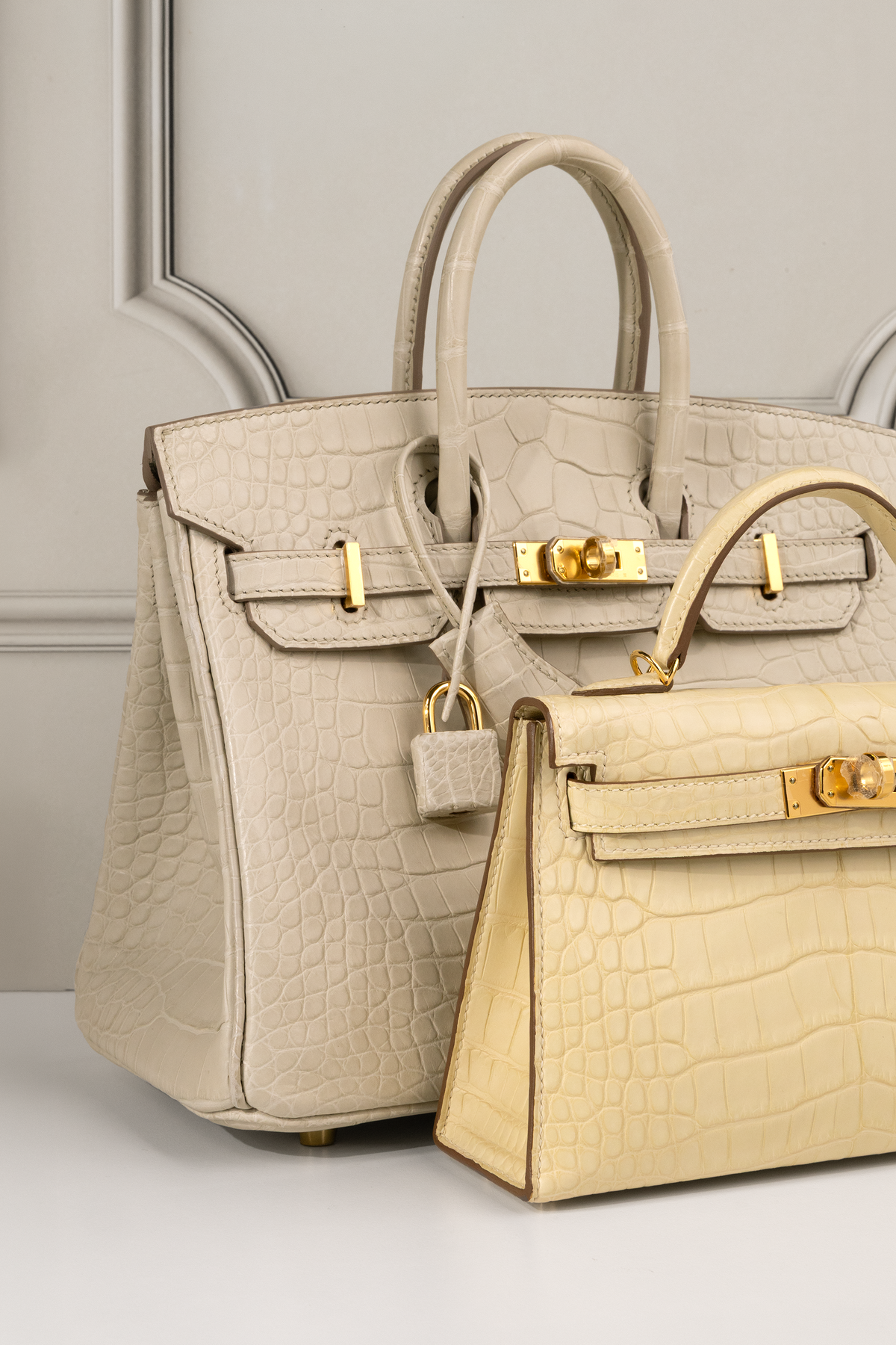Hermès Birkin 25 in Matte Beton & Mini Kelly in Vanilla Alligator with GHW