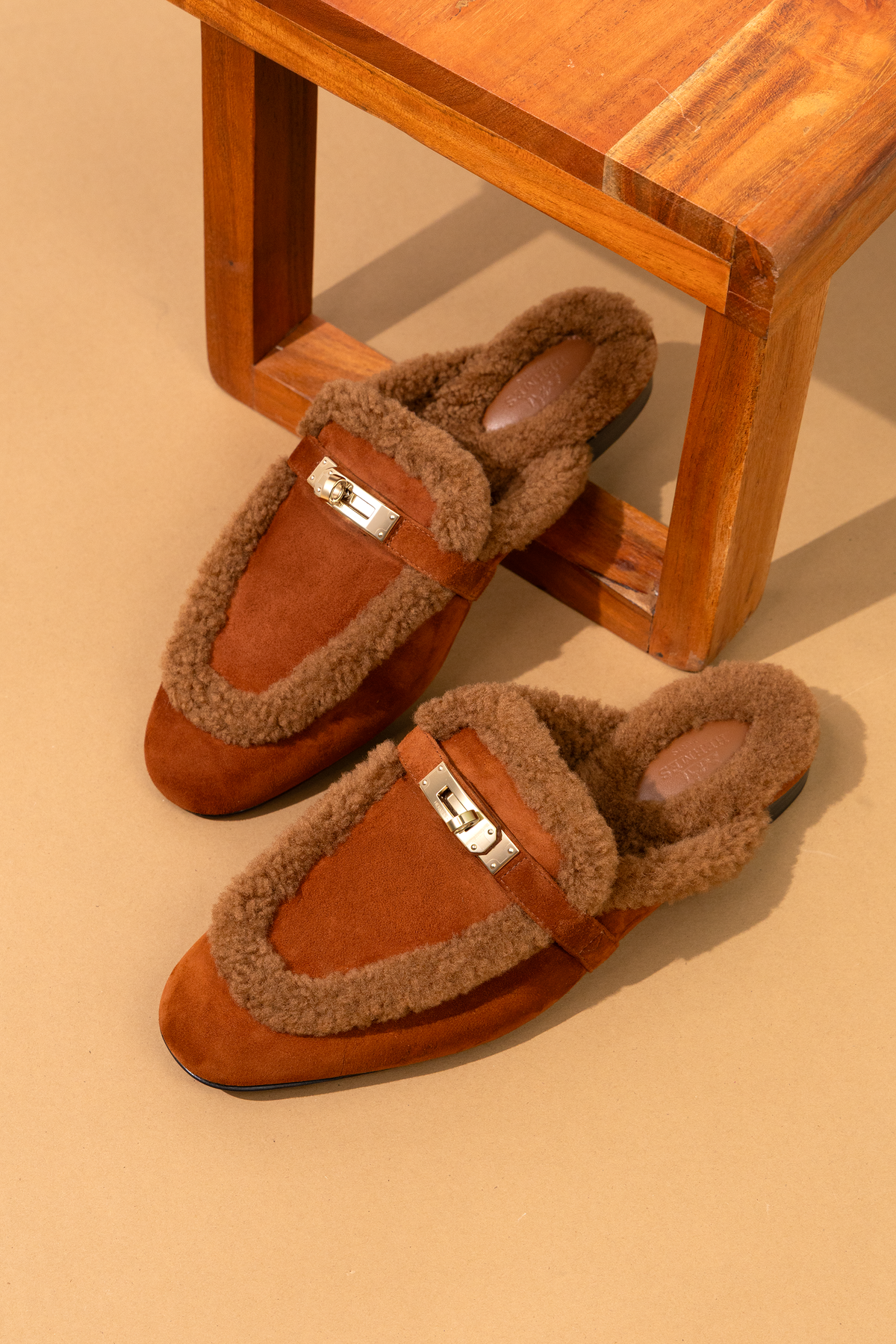 Hermès Shearling Gold Oz Mules GHW