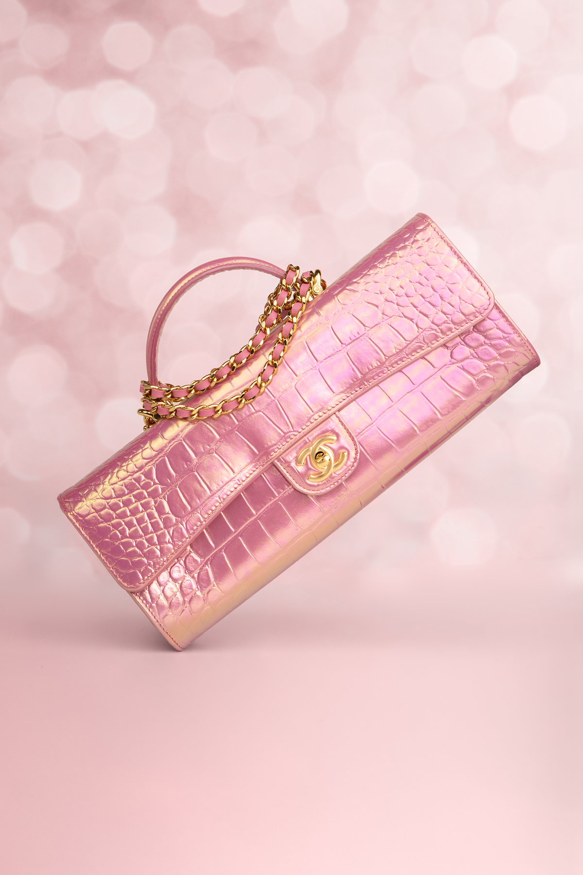 Chanel Crocodile Embossed Clutch with Top Handle & Chain in Pink