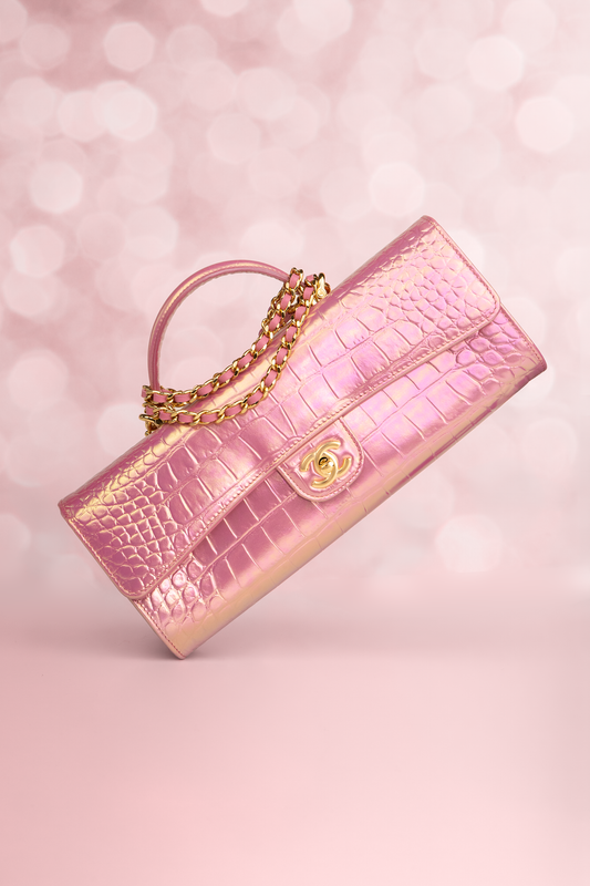 Chanel Crocodile Embossed Clutch with Top Handle & Chain in Pink