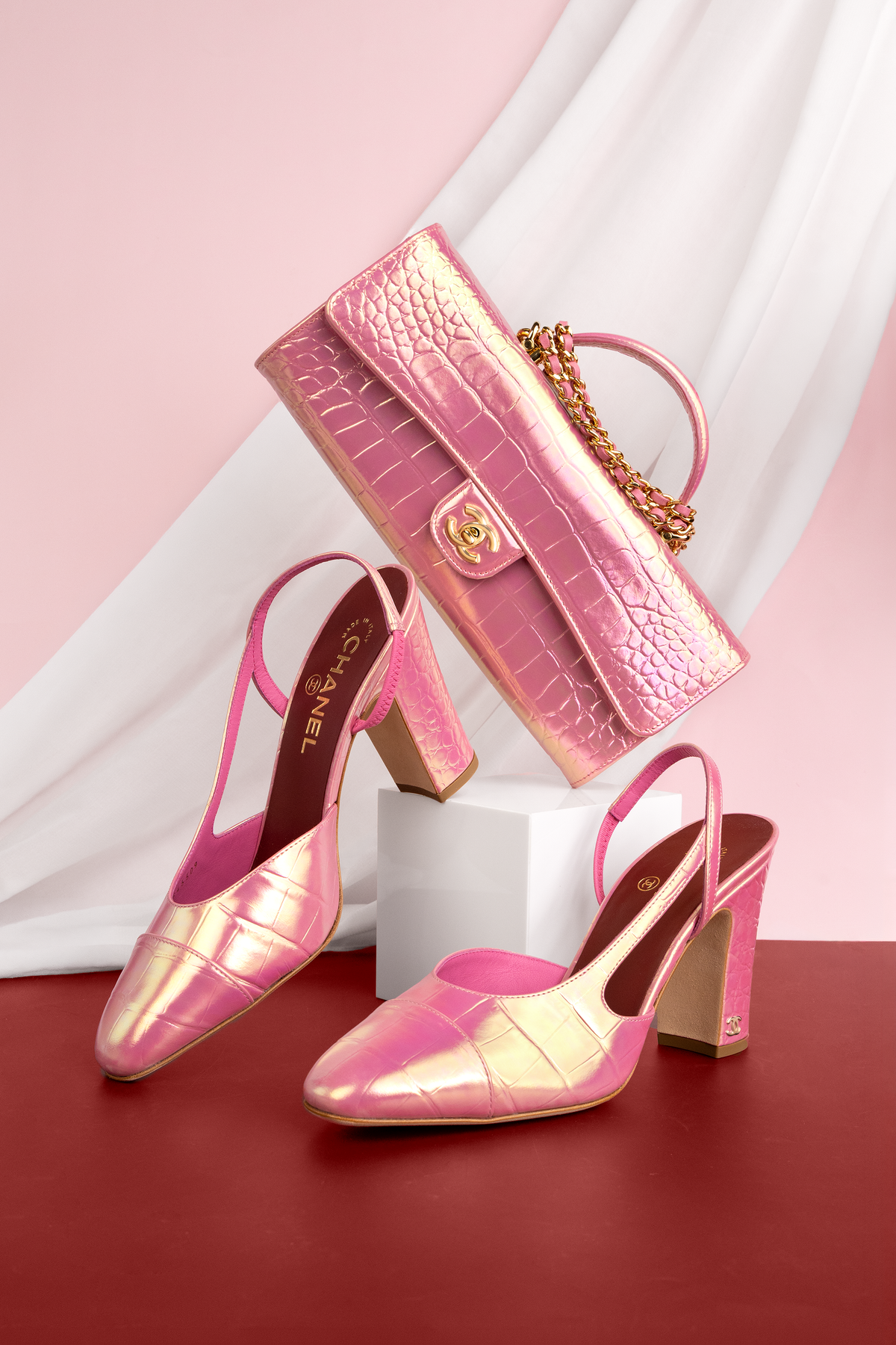 Chanel Crocodile Embossed Slingbacks & Clutch with Top Handle & Chain in Pink