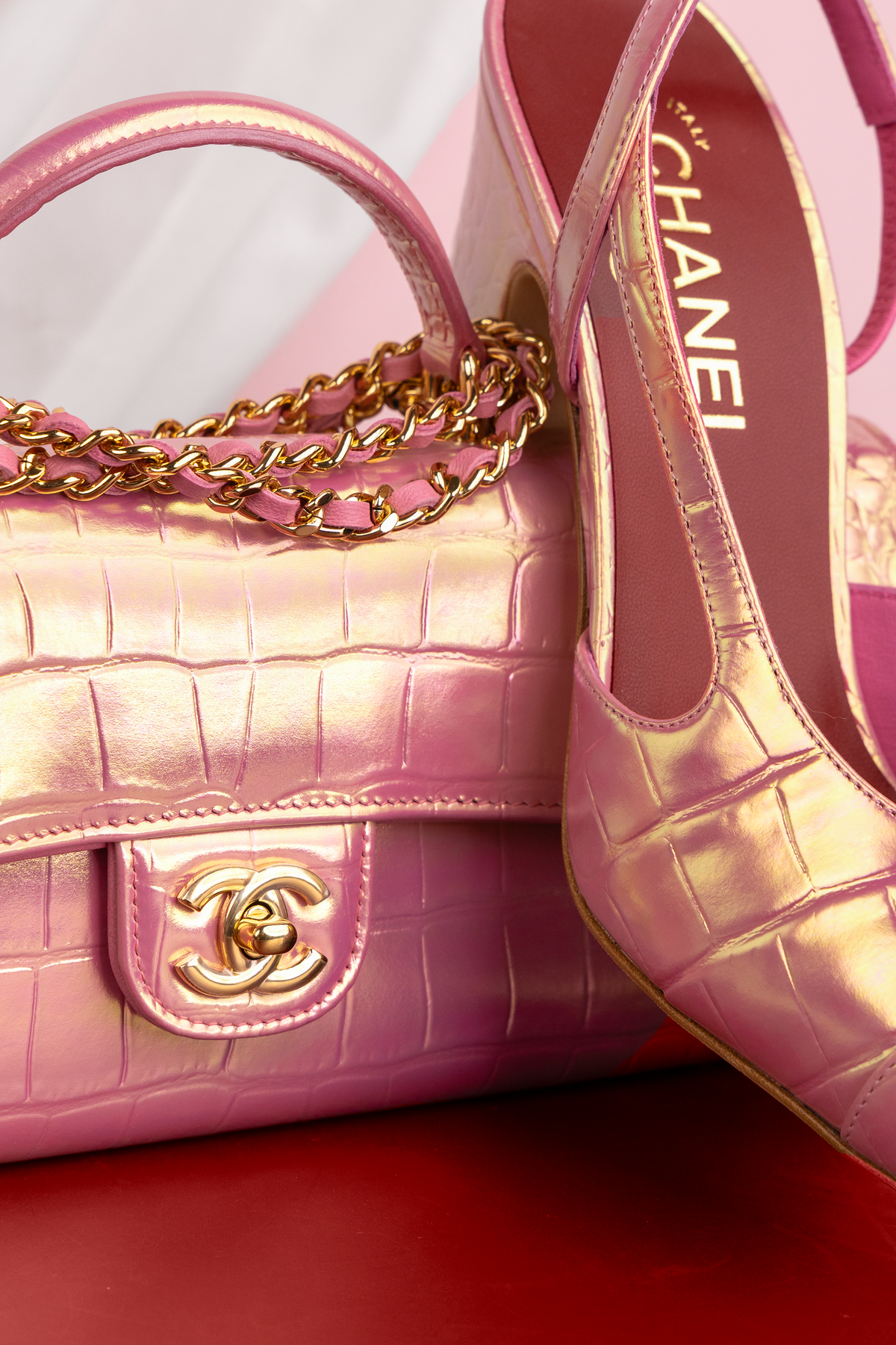 Chanel Crocodile Embossed Slingbacks & Clutch with Top Handle & Chain in Pink