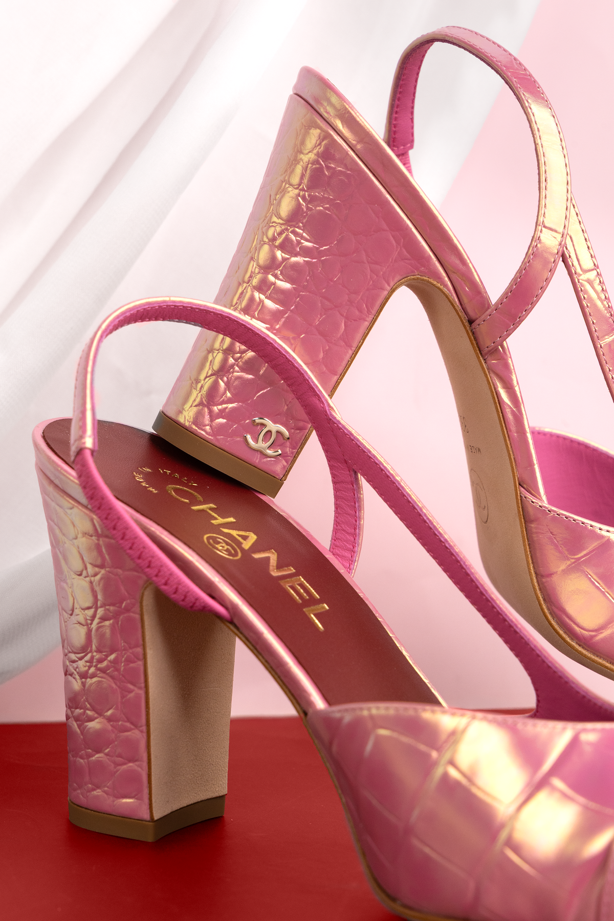 Chanel Crocodile Embossed Slingbacks & Clutch with Top Handle & Chain in Pink