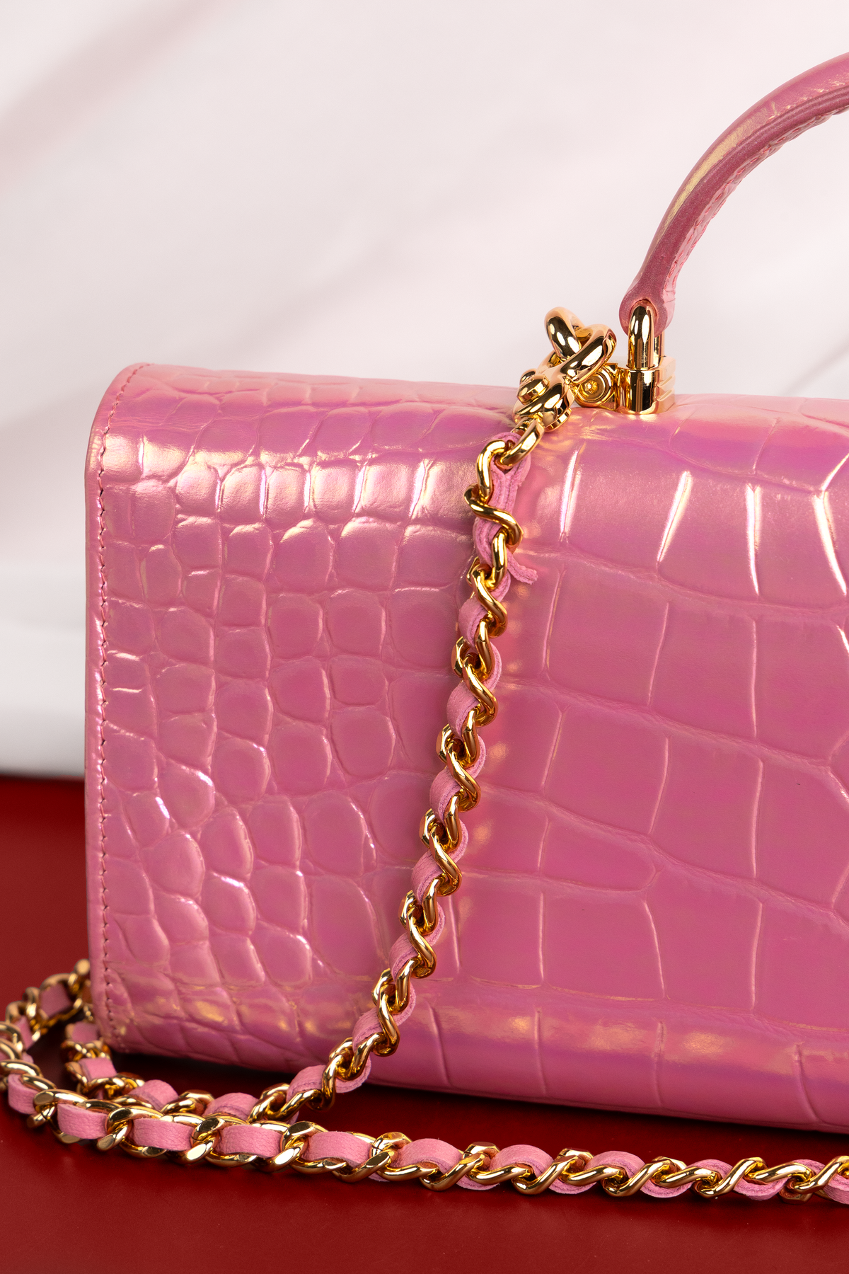 Chanel Crocodile Embossed Slingbacks & Clutch with Top Handle & Chain in Pink