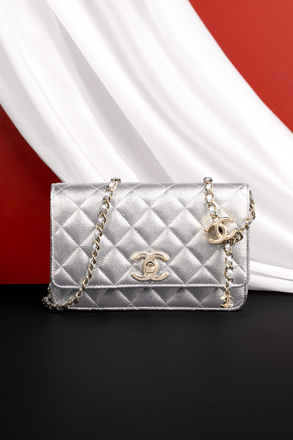 Chanel Metallic Silver Calfskin Wallet on Chain