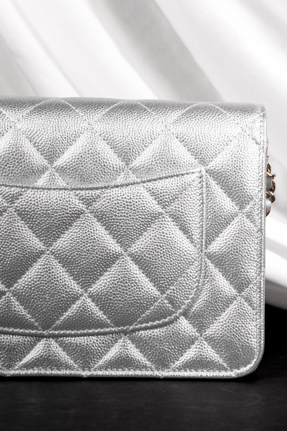 Chanel Metallic Silver Calfskin Wallet on Chain