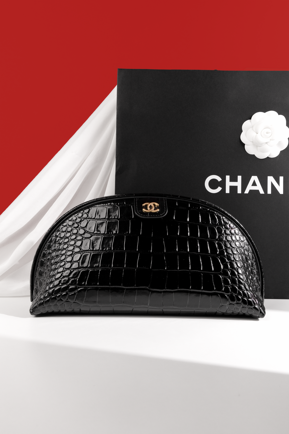 Chanel Large Crocodile Embossed Clutch in Black