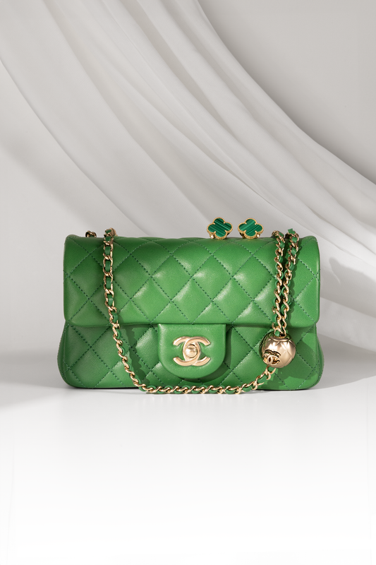 Chanel Mini Green Lambskin Flap Bag with Adjustable Chain & Van Cleef & Arpels Vintage Alhambra Motif Malachite/Yellow Gold Earrings