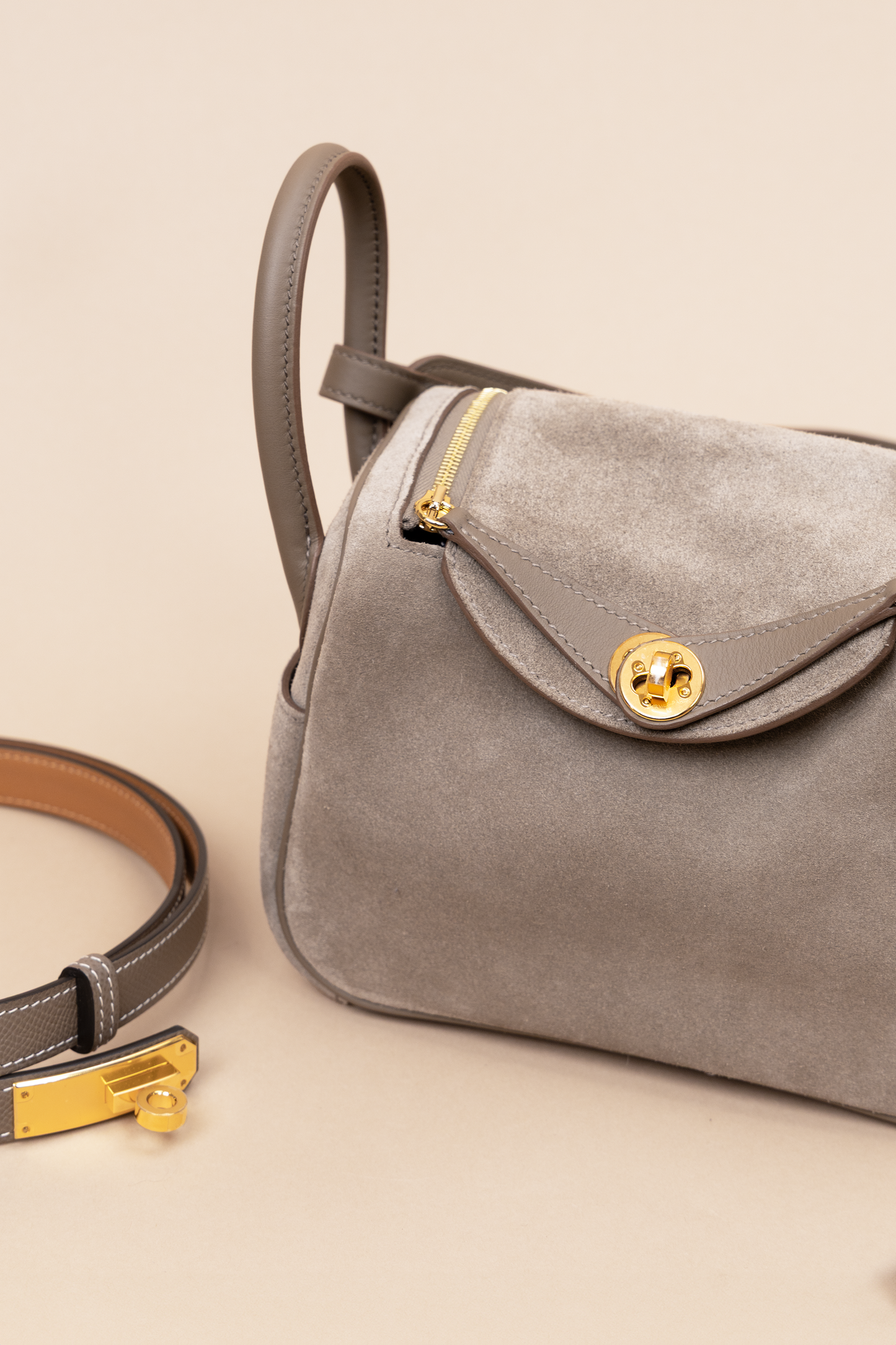 Hermès Mini Lindy Grizzly Etoupe GHW with Oran Etoupe Sandals & Kelly Etoupe Belt GHW