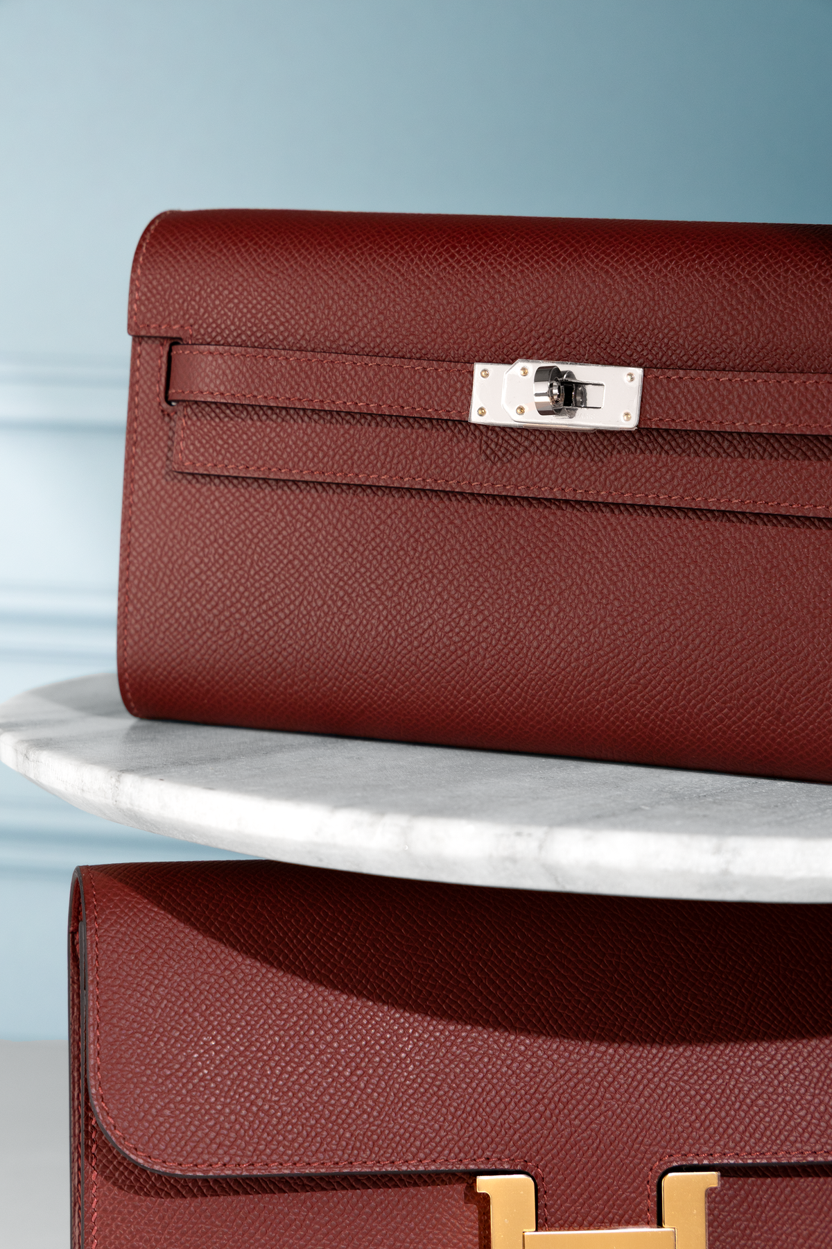 Hermès Constance Wallet To Go & Kelly Wallet To Go in Rouge H with PHW/GHW