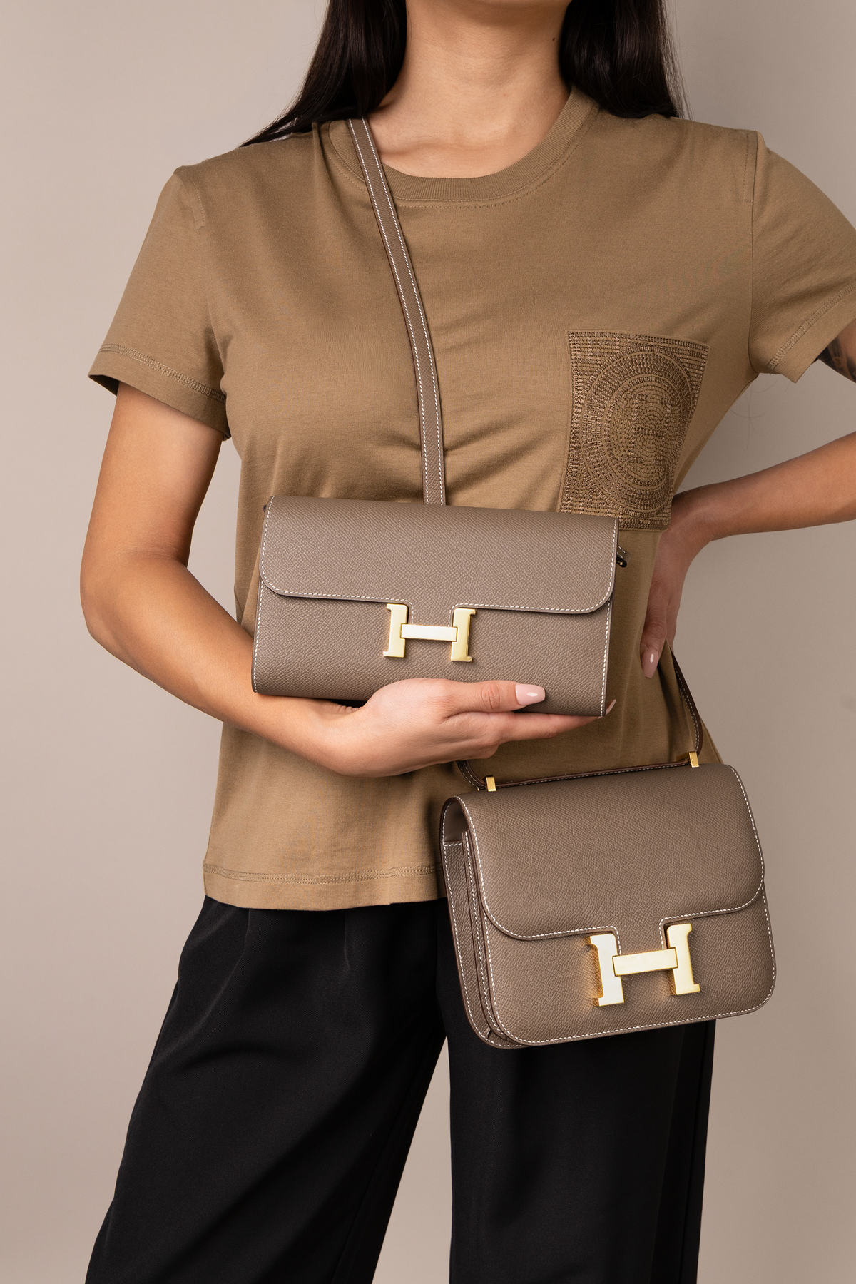 Hermès Constance 18 Epsom & Constance To Go Wallet in Etoupe GHW