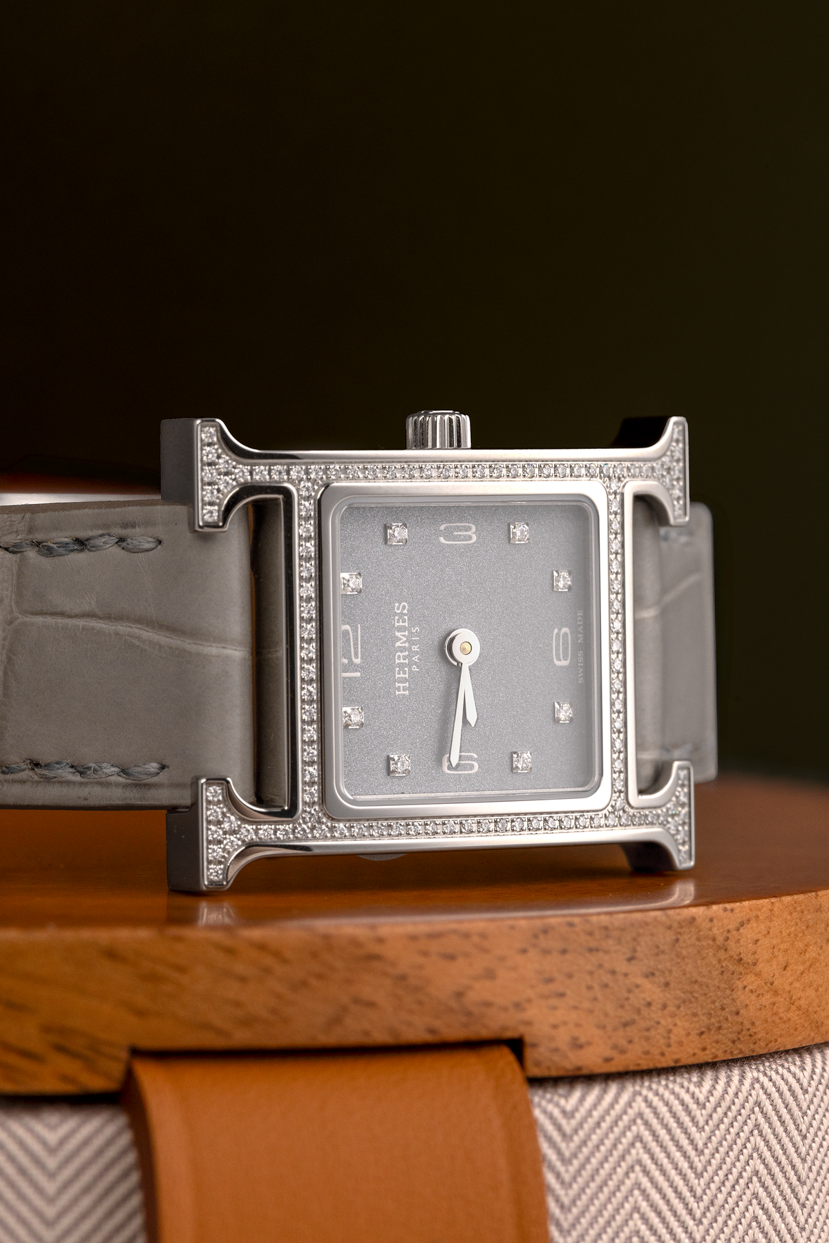 Hermès Heure Watch in Diamond-Set Stainless Steel with Gris Alligator Strap