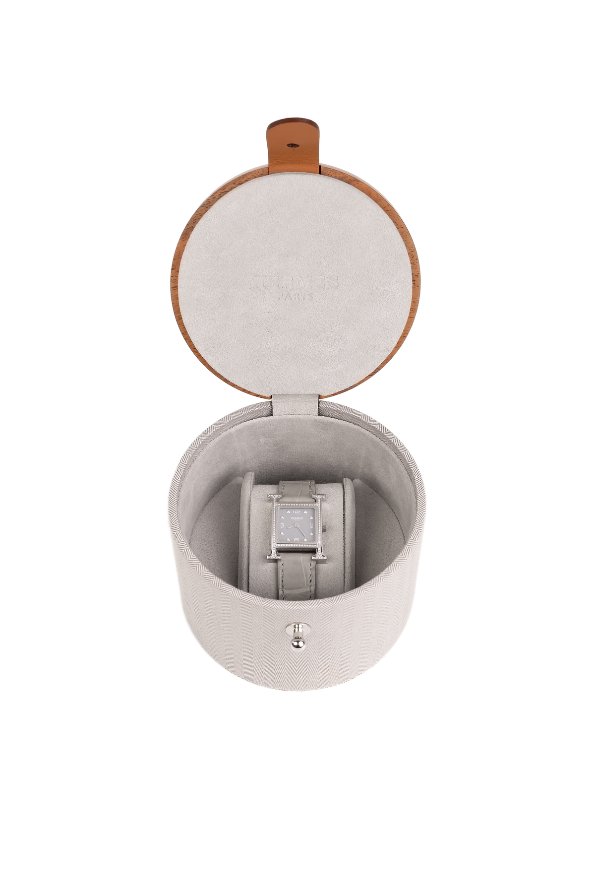 Hermès Heure Watch in Diamond-Set Stainless Steel with Gris Alligator Strap