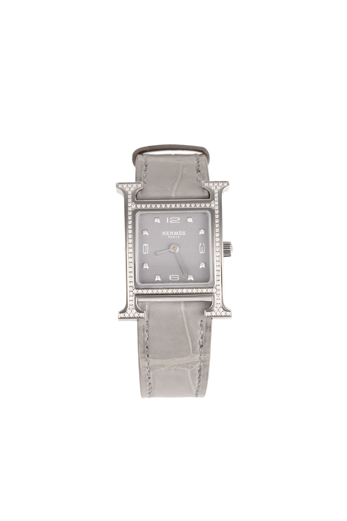 Hermès Heure Watch in Diamond-Set Stainless Steel with Gris Alligator Strap