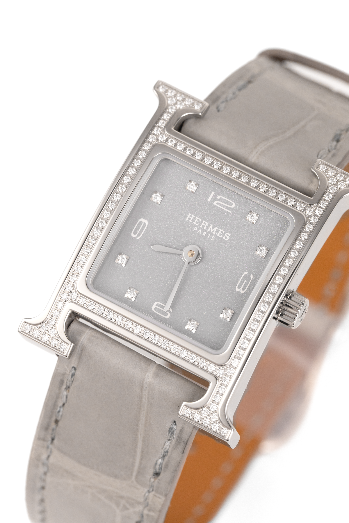 Hermès Heure Watch in Diamond-Set Stainless Steel with Gris Alligator Strap