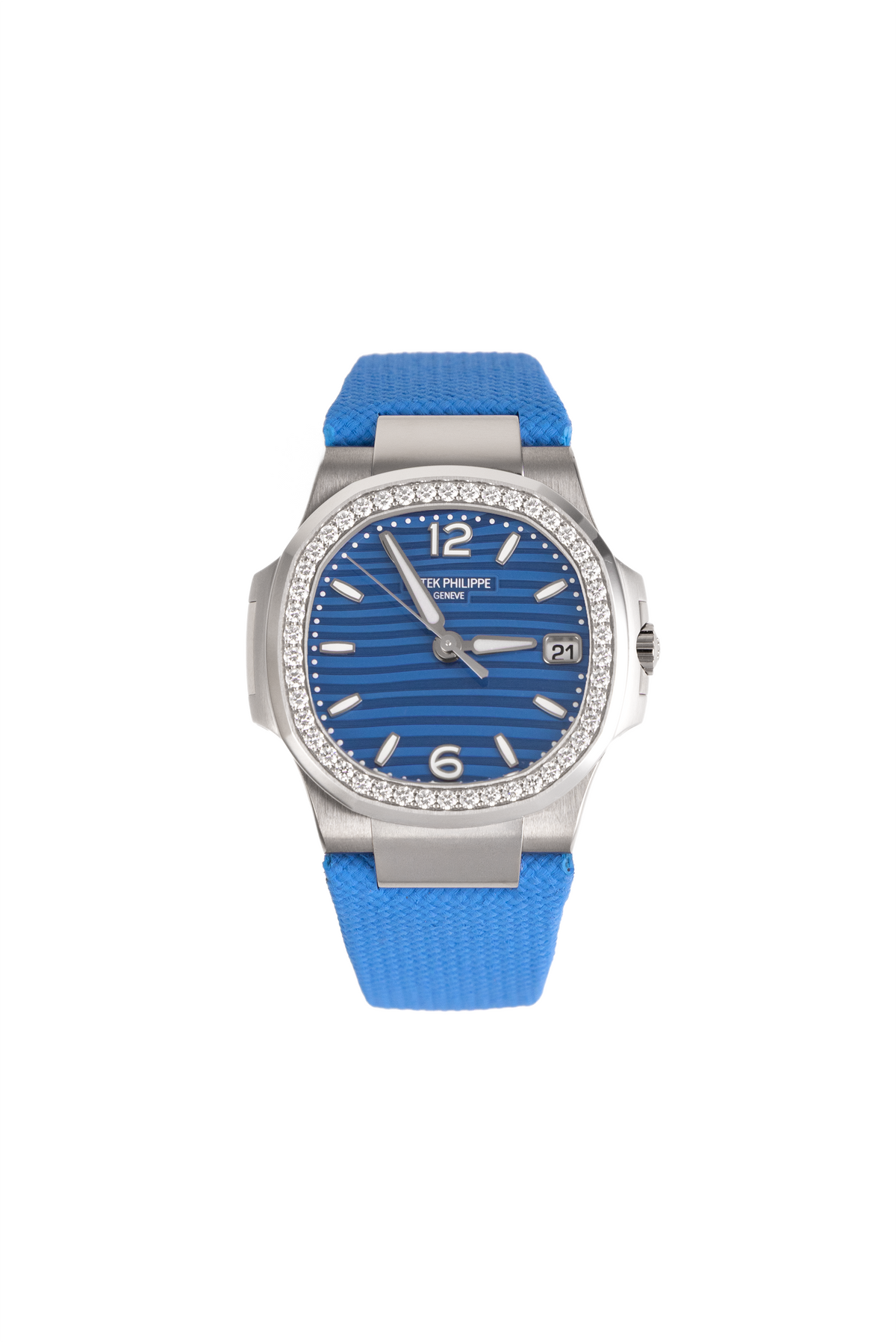 Patek Philippe Nautilus 7010G-013 in White Gold/Azure Blue Wave-Pattern Dial with a Diamond-Set Bezel