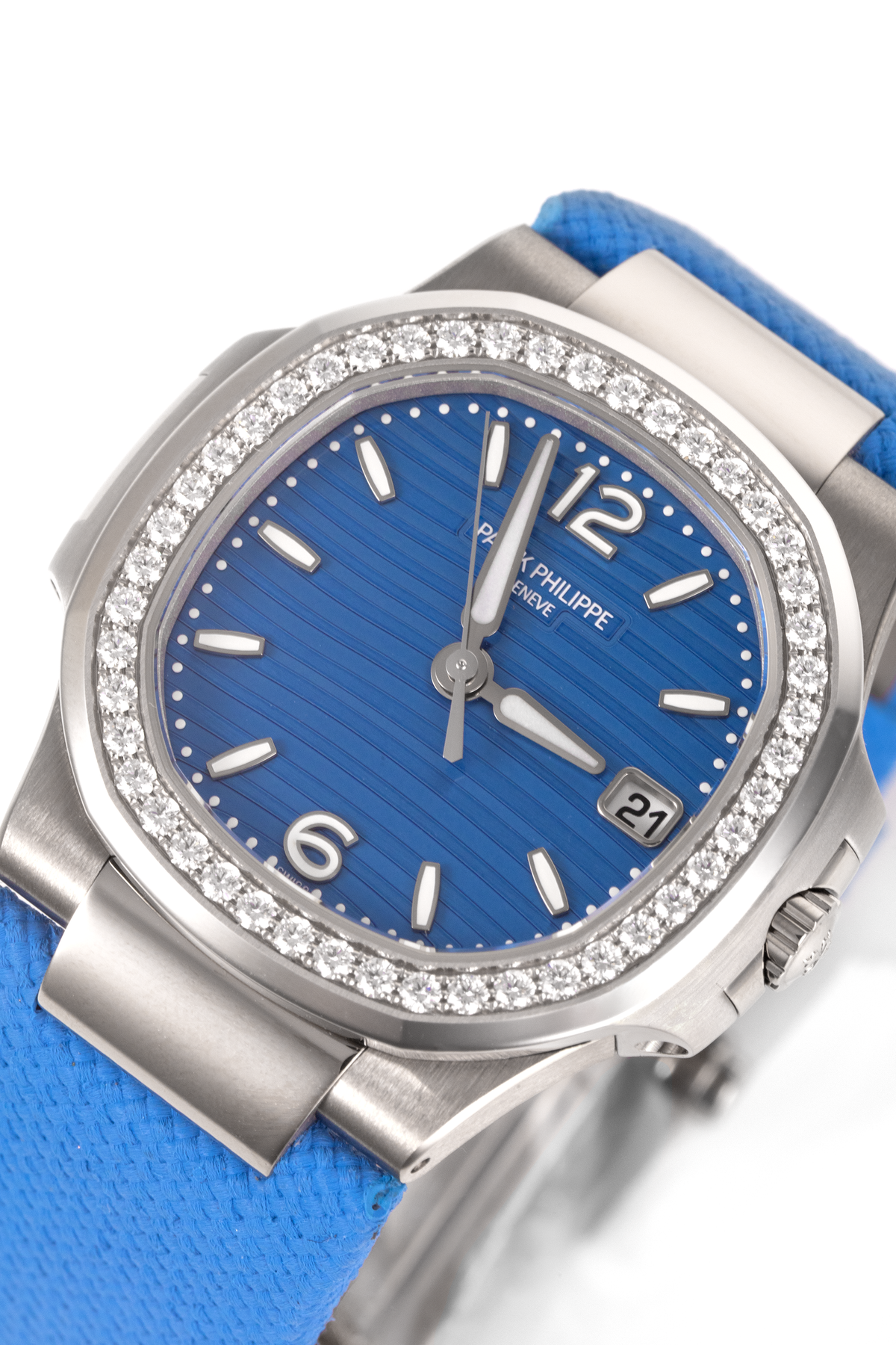 Patek Philippe Nautilus 7010G-013 in White Gold/Azure Blue Wave-Pattern Dial with a Diamond-Set Bezel