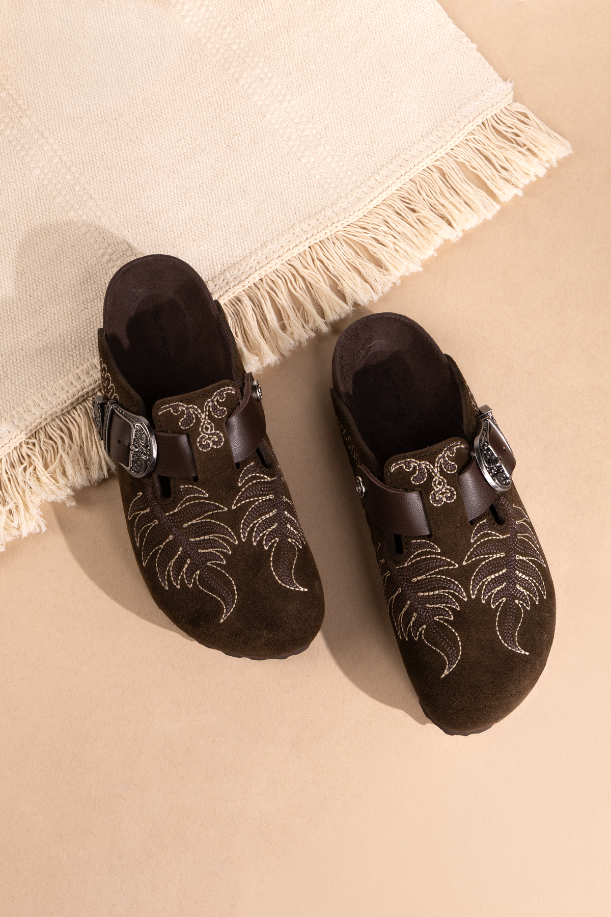 Birkenstock x Etro Boston Embroidered Suede Clogs in Marrone
