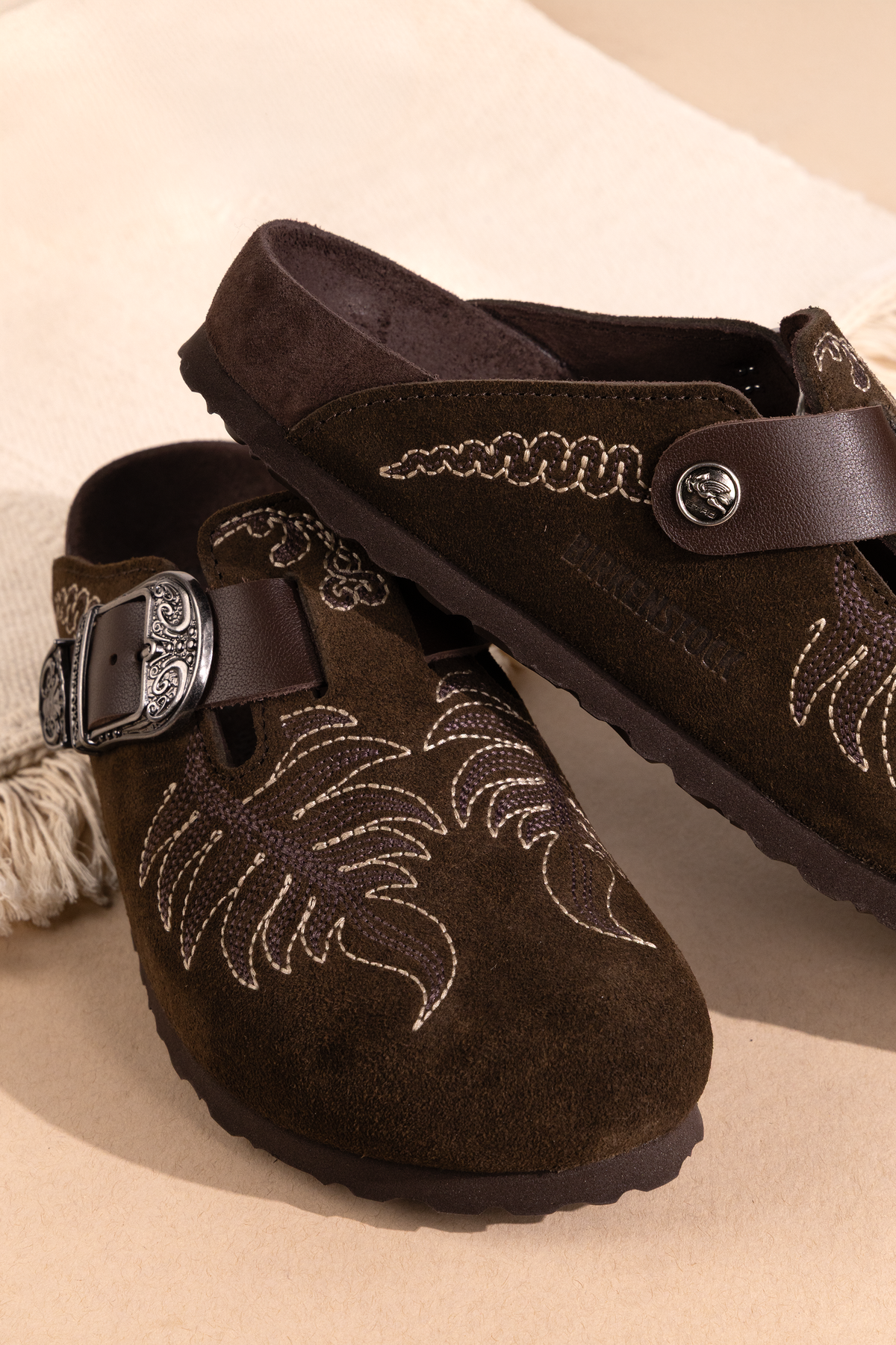 Birkenstock x Etro Boston Embroidered Suede Clogs in Marrone