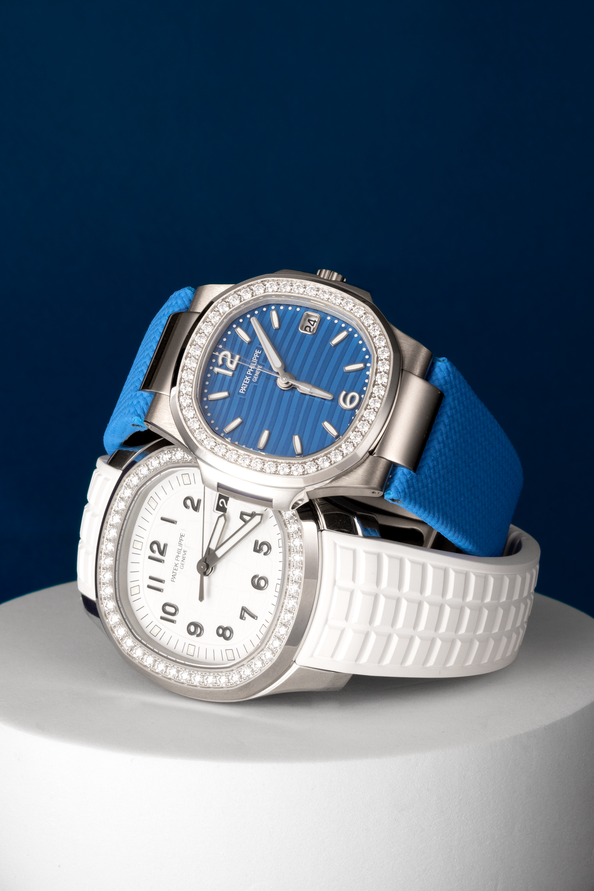 Patek Philippe Nautilus 7010G-013 in White Gold/Azure Blue Wave-Pattern Dial with a Diamond-Set Bezel & Patek Philippe Aquanaut White Watch with Diamonds