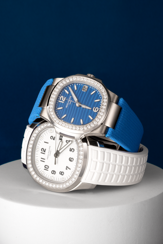 Patek Philippe Nautilus 7010G-013 in White Gold/Azure Blue Wave-Pattern Dial with a Diamond-Set Bezel & Patek Philippe Aquanaut White Watch with Diamonds