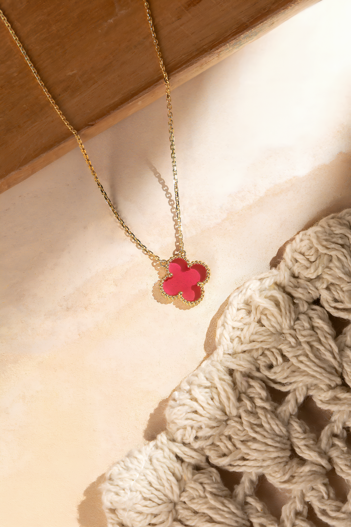 Van Cleef & Arpels Vintage Alhambra Pendant Necklace in Yellow Gold/Pink Enamel