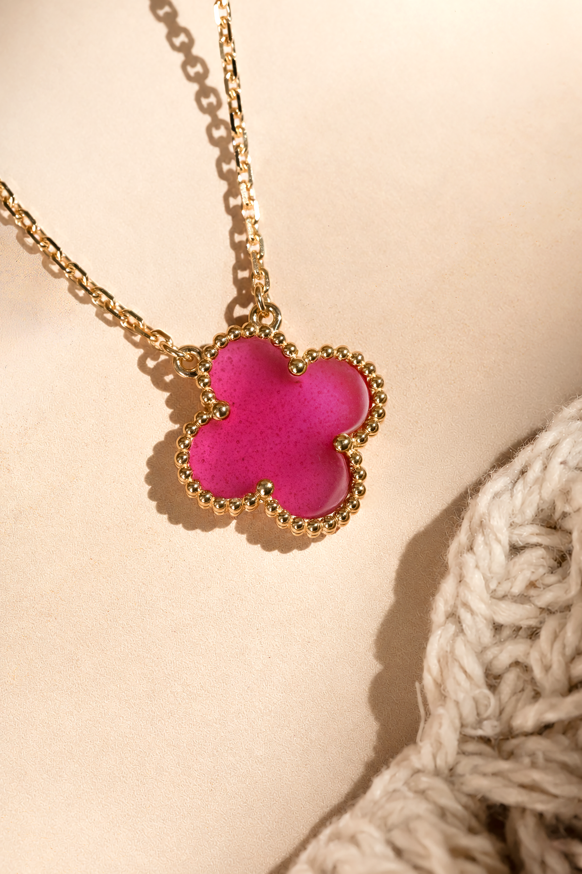 Van Cleef & Arpels Vintage Alhambra Pendant Necklace in Yellow Gold/Pink Enamel